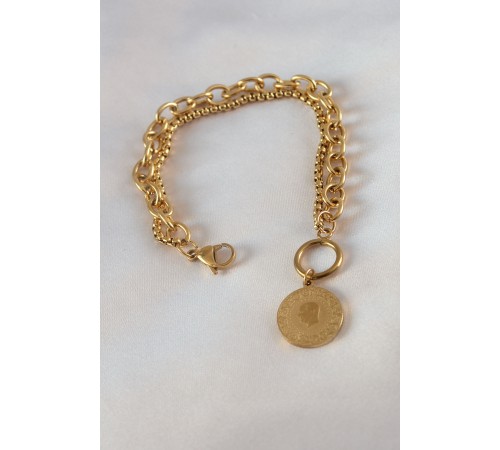 316L Çelik Gold Renk 2'li Zincir Model Çeyrek Altınlı Kadın Bileklik