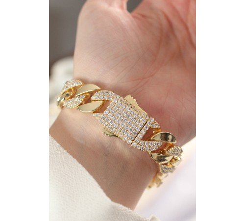 Vip Seri Pirinç Zirkon Taşlı Gold Renk Gurmet Bileklik