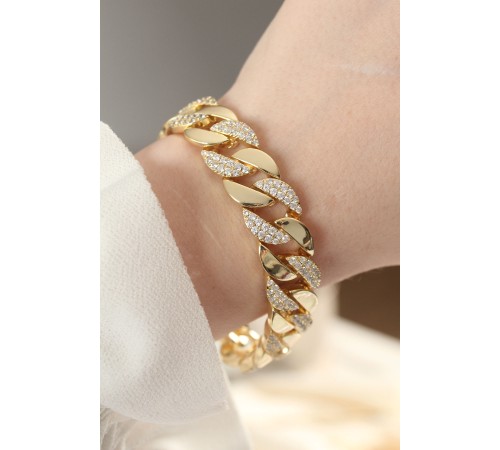 Vip Seri Pirinç Zirkon Taşlı Gold Renk Gurmet Bileklik