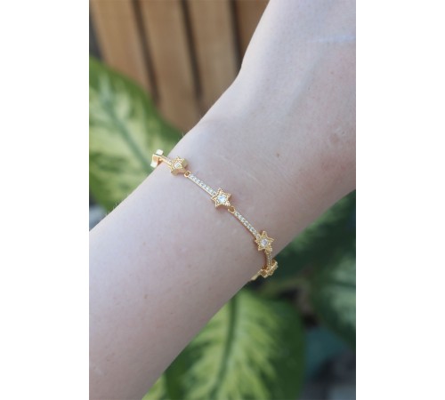 Vip Seri Pirinç Zirkon Taşlı Gold Renk Halley Model Bileklik