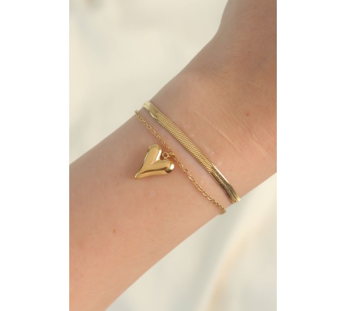 316L Çelik Gold Renk İtalyan Zincirli Kalp Model Bileklik