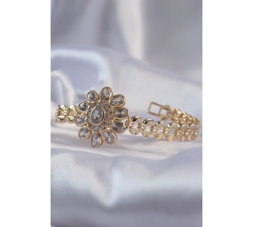 Pirinç Gold Renk İri Zirkon Taşlı Çiçek Figürlü Bileklik