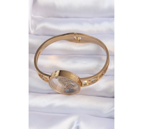 316L Çelik Altın Renk İçi Yaşam Ağacı ve Nazar Boncuk Figürlü Açılabilir Fanus Kelepçe