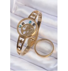 316L Çelik Altın Renk İçi Yaşam Ağacı ve Nazar Boncuk Figürlü Açılabilir Fanus Kelepçe