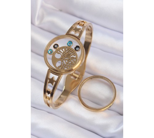 316L Çelik Altın Renk İçi Yaşam Ağacı ve Nazar Boncuk Figürlü Açılabilir Fanus Kelepçe