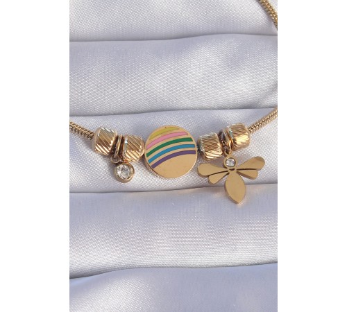 316L Çelik Gold Renk Zirkon Taşlı Gökkuşağı Tasarımlı Yusufçuk Bileklik