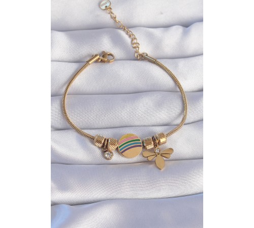 316L Çelik Gold Renk Zirkon Taşlı Gökkuşağı Tasarımlı Yusufçuk Bileklik