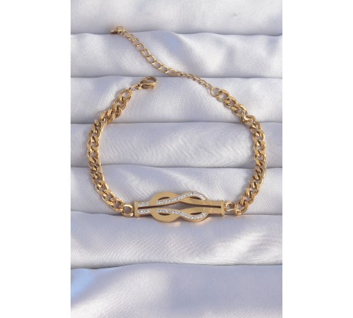 316L Çelik Gold Renk Zirkon Taşlı Kemer Tokası Model Zincir Bileklik