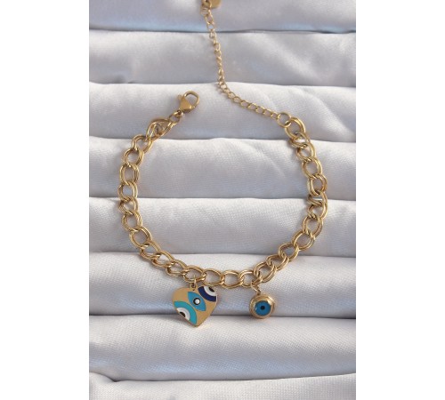 316L Çelik Gold Renk Nazarlı Kalp Model Zincir Bileklik