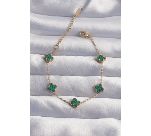 316L Çelik Baby Boy Gold Renk Çizgili Yeşil Mineli Yonca Bileklik