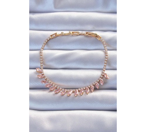 Pirinç Vip Seri Altın Renk Pembe Zirkon Taşlı Bileklik