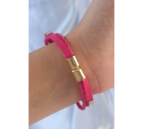 Pembe Renk Zirkon Taşlı Deri Çoklu Bileklik