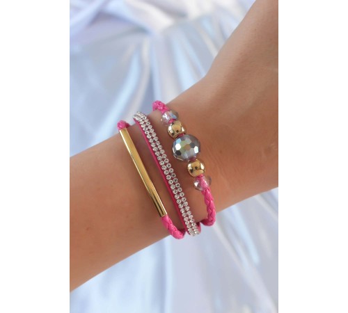 Pembe Renk Zirkon Taşlı Deri Çoklu Bileklik