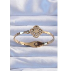 316L Çelik Altın Renk Zirkon Taşlı Simli Yonca Kelepçe