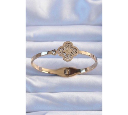 316L Çelik Altın Renk Zirkon Taşlı Simli Yonca Kelepçe