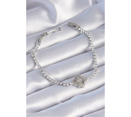 Pirinç Gümüş Renk Zirkon Taşlı Yonca Model Kadın Bileklik