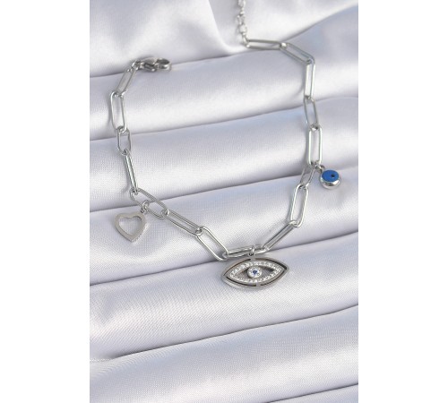 316L Çelik Gümüş Renk Zirkon Taşlı Göz Figür Kalp Detay Kadın Bileklik