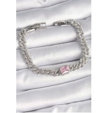 Pirinç Gümüş Renk Pembe Kare Zirkon Taşlı VIP Seri Kadın Bileklik