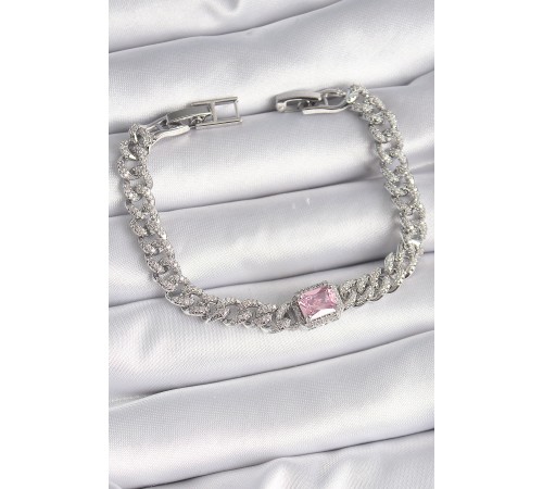 Pirinç Gümüş Renk Pembe Kare Zirkon Taşlı VIP Seri Kadın Bileklik