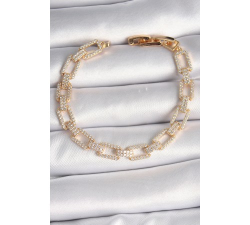 Pirinç Gold Renk Zirkon Taşlı Zincir Model VIP Seri Kadın Bileklik