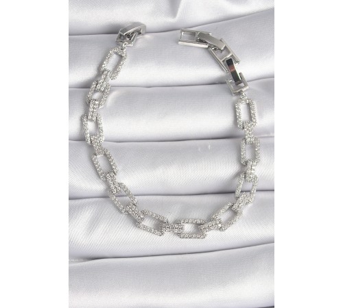 Pirinç Gümüş Renk Zirkon Taşlı Zincir Model VIP Seri Kadın Bileklik