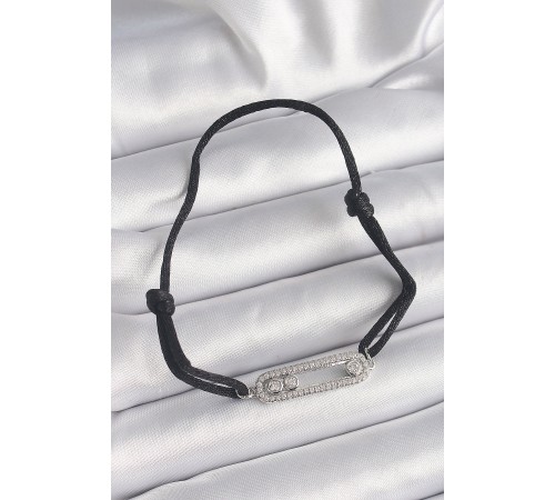 Siyah Renk İpli Asansör Zirkon Taşlı Gümüş Messika Model Kadın Bileklik