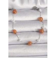 316L Çelik Gümüş Renk Turuncu Doğaltaş Model İnci Detay Kadın Bileklik