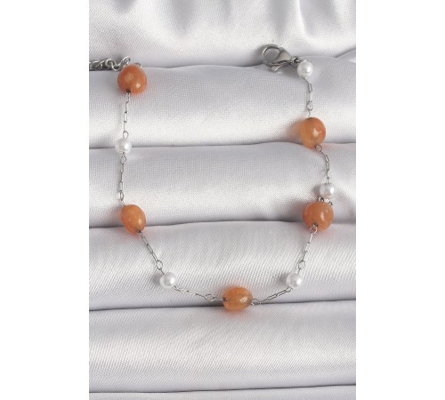 316L Çelik Gümüş Renk Turuncu Doğaltaş Model İnci Detay Kadın Bileklik