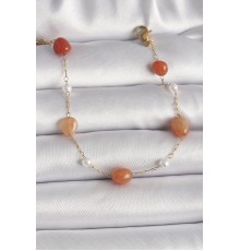 316L Çelik Gold Renk Zincir Turuncu Doğaltaş Model İnci Detay Kadın Bileklik