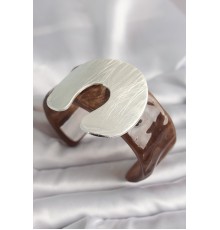 Kahverengi Mermer Desen Akrilik Plastik Gümüş Plaka Model Vintage Kadın Bilezik