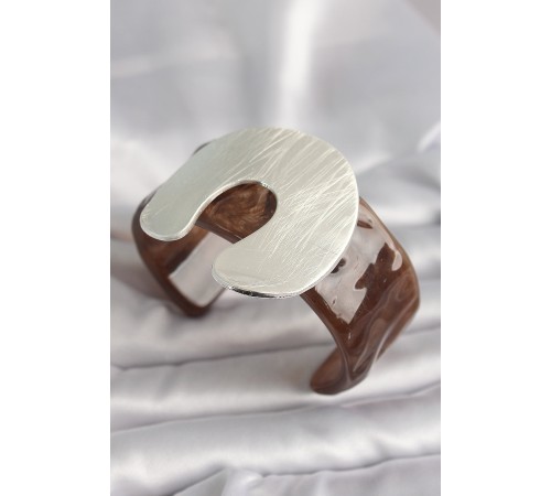 Kahverengi Mermer Desen Akrilik Plastik Gümüş Plaka Model Vintage Kadın Bilezik