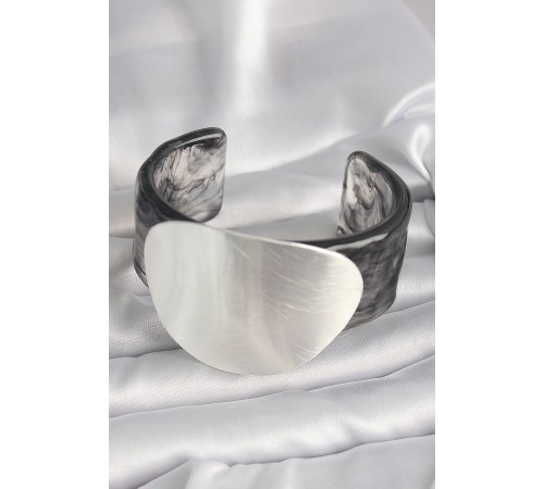 Siyah Mermer Desen Akrilik Pilastik Gümüş Plaka Model Vintage Kadın Bilezik