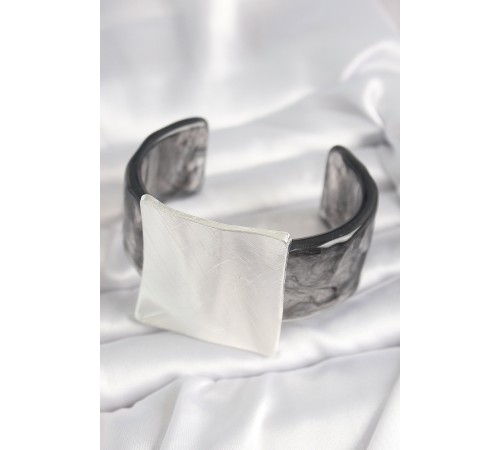 Siyah Mermer Desen Akrilik Plastik Gümüş Kare Plaka Model Vintage Kadın Bilezik