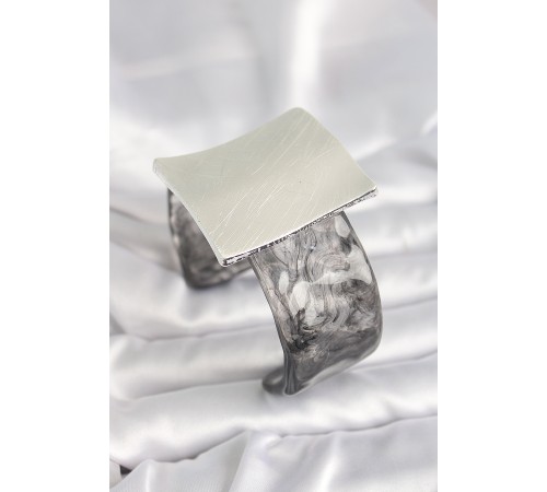 Siyah Mermer Desen Akrilik Plastik Gümüş Kare Plaka Model Vintage Kadın Bilezik