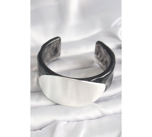 Siyah Mermer Desen Akrilik Plastik Gümüş Oval Plaka Model Vintage Kadın Bilezik