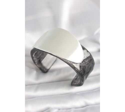 Siyah Mermer Desen Akrilik Plastik Gümüş Oval Plaka Model Vintage Kadın Bilezik