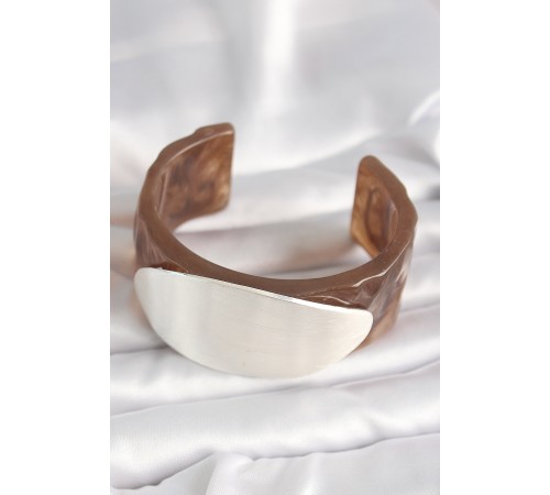 Kahverengi Mermer Desen Akrilik Plastik Gümüş Oval Plaka Model Vintage Kadın Bilezik