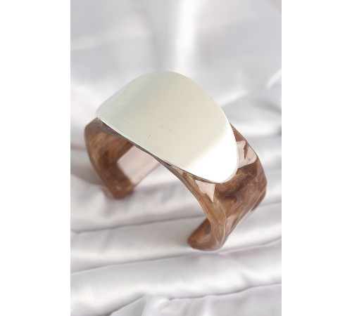 Kahverengi Mermer Desen Akrilik Plastik Gümüş Oval Plaka Model Vintage Kadın Bilezik