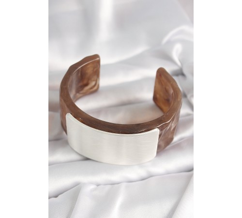 Kahverengi Mermer Desen Akrilik Plastik Gümüş Dikdörtgen Plaka Vintage Kadın Bilezik