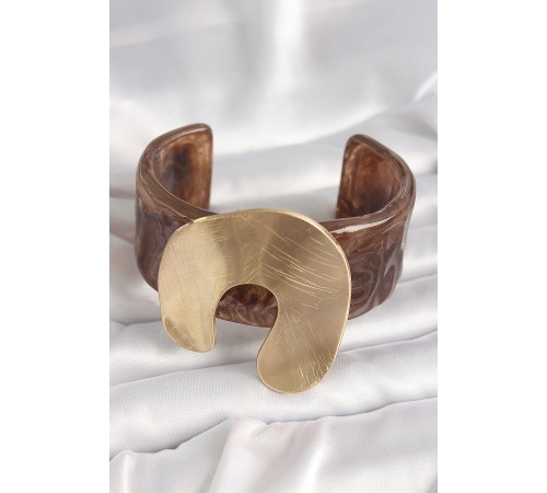 Kahverengi Mermer Desen Akrilik Plastik Gold Nal Model Plaka Vintage Kadın Bilezik