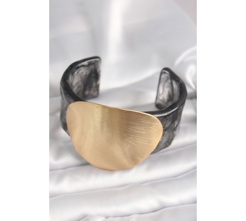 Siyah Mermer Desen Akrilik Plastik Gold Daire Plaka Model Vintage Kadın Bilezik