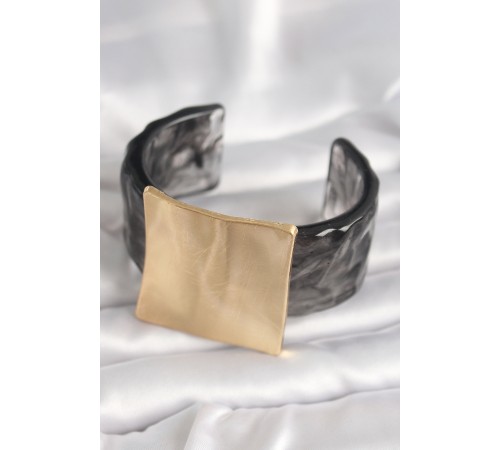 Siyah Mermer Desen Akrilik Plastik Gold Kare Plaka Model Vintage Kadın Bilezik