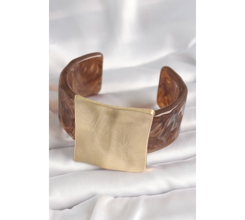 Kahverengi Mermer Desen Akrilik Plastik Gold Kare Plaka Model Vintage Kadın Bilezik