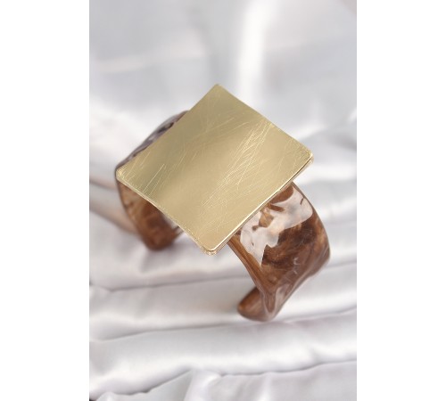 Kahverengi Mermer Desen Akrilik Plastik Gold Kare Plaka Model Vintage Kadın Bilezik