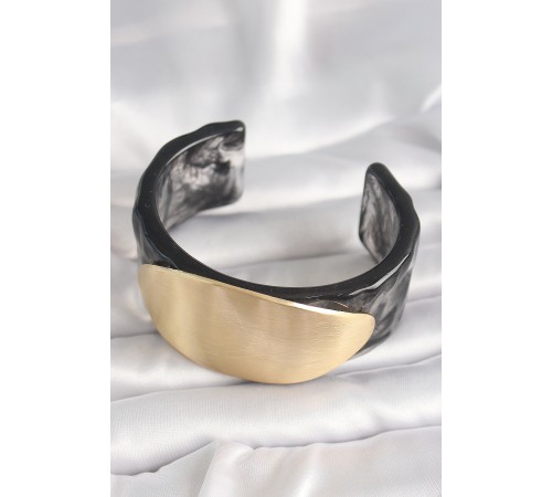 Siyah Mermer Desen Akrilik Plastik Gold Oval Plaka Model Vintage Kadın Bilezik