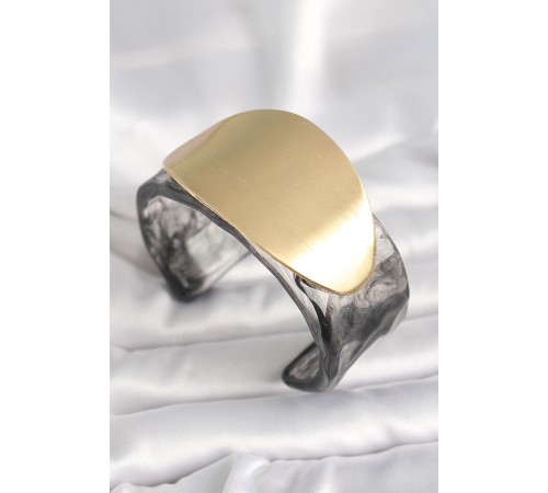 Siyah Mermer Desen Akrilik Plastik Gold Oval Plaka Model Vintage Kadın Bilezik