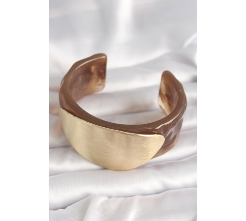 Kahverengi Mermer Desen Akrilik Plastik Gold Oval Plaka Model Vintage Kadın Bilezik