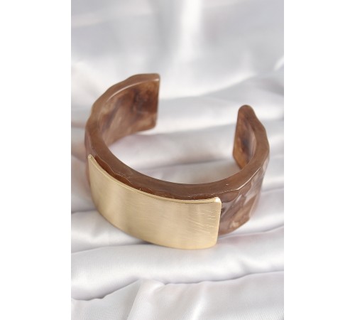 Kahverengi Mermer Desen Akrilik Platik Gold Dikdörtgen Plaka Model Vintage Kadın Bilezik