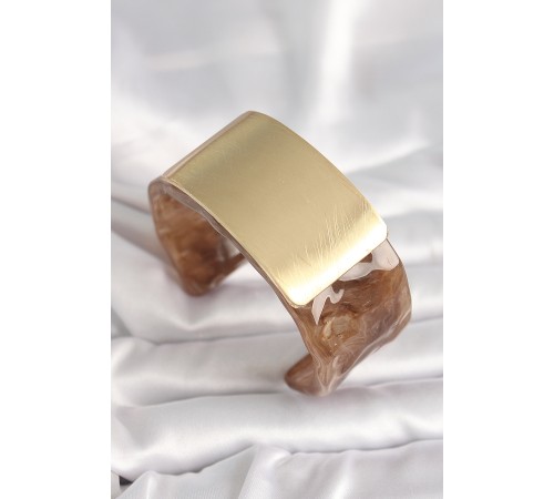 Kahverengi Mermer Desen Akrilik Platik Gold Dikdörtgen Plaka Model Vintage Kadın Bilezik
