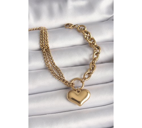 316L Çelik Gold Renk 2'Li Zincir Model Kalp Figür Kadın Bileklik